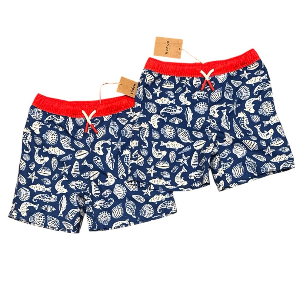Mini Boden Kids’ boys’ print swim trunks board shorts drawstring NEW 5-6 yr 116